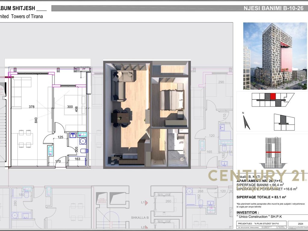 SHESIM APARTAMENT 1+1 NË KOMPLEKSIN REZIDENCIAL UNITED TOWERS OF TIRANA