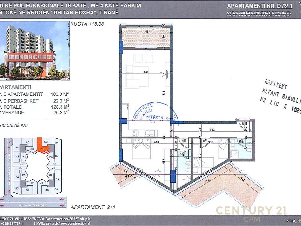 Apartament 2+1+2 me verandë, Për Shitje në Rezidenca Colonnade, pranë Zogut te Zi!!