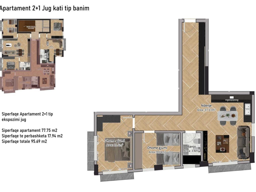 Apartament Komod 2+1, Ekspozim Jug, Sipërfaqe Totale 95.69 m²