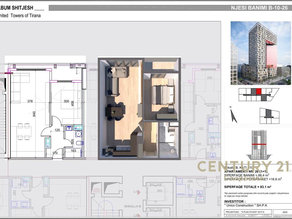 SHESIM APARTAMENT 1+1 NË KOMPLEKSIN REZIDENCIAL UNITED TOWERS OF TIRANA