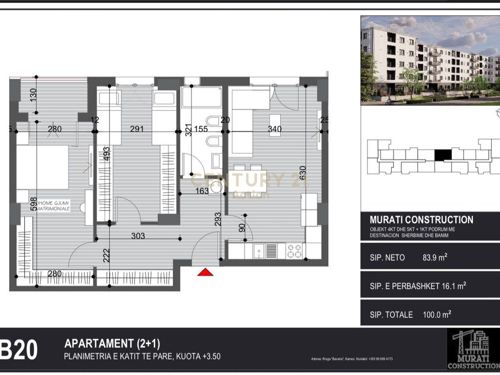 Shitet apartament 2+1 ne Kamez