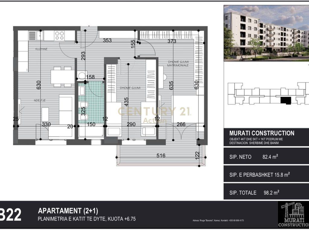 Shitet apartament 2+1 ne Kamez